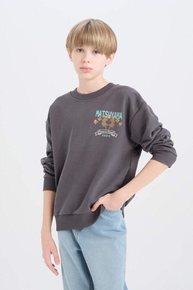 Erkek Çocuk Oversize Geniş Kalıp Bisiklet Yaka Sırt Baskılı Sweatshirt