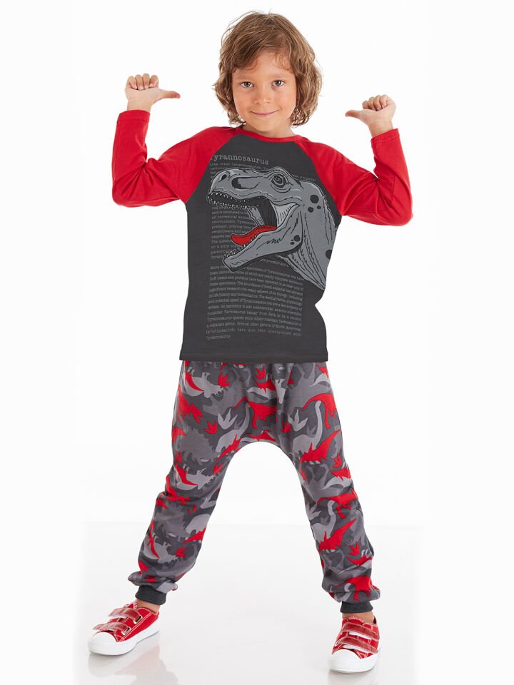 Tyranno Erkek Çocuk T-shirt Pantolon Takım 9 Y - Gri, Kırmızı