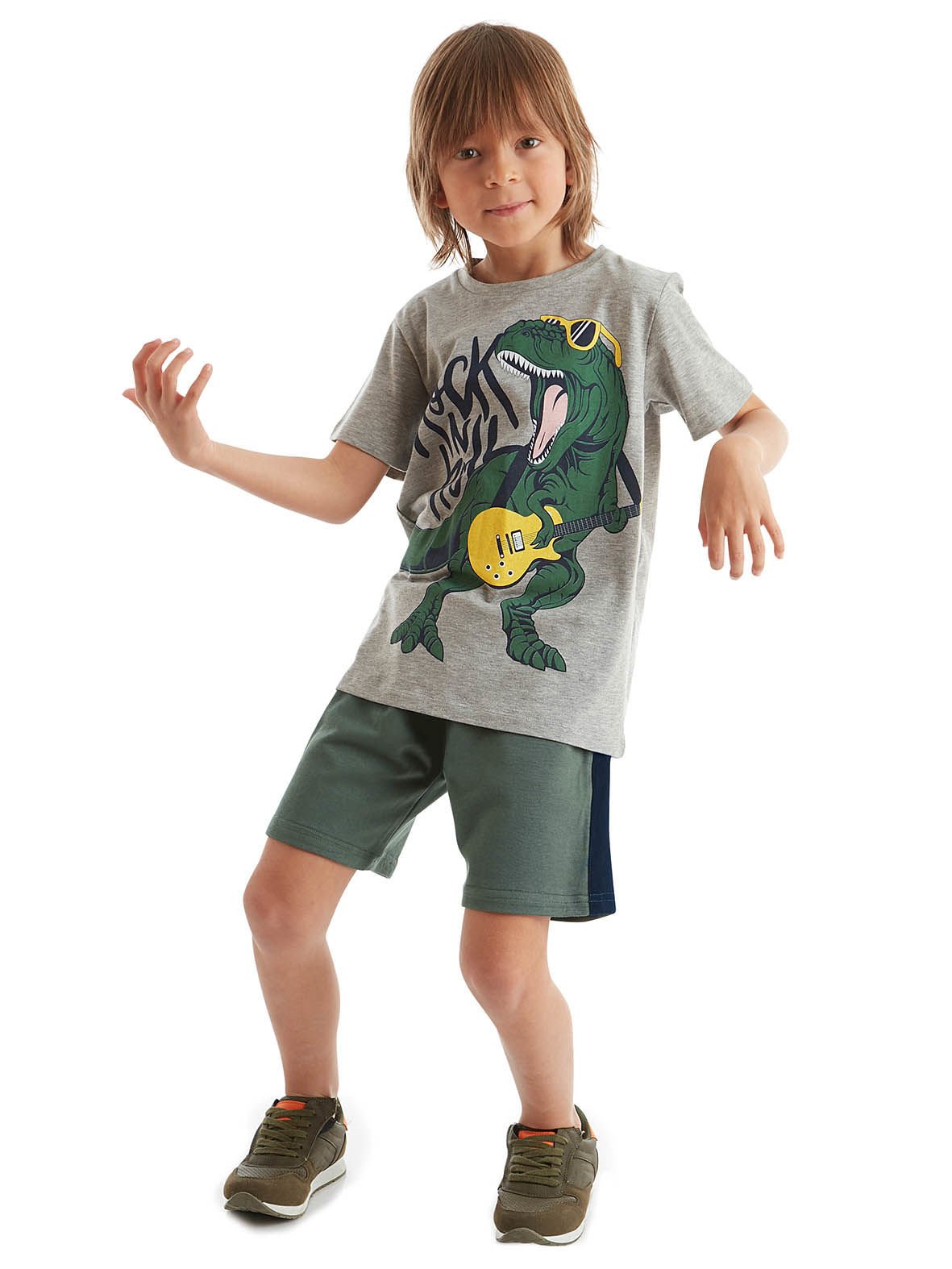 Rock Dino Erkek Çocuk T-shirt Şort Takım 2 Y - Gri Yeşil