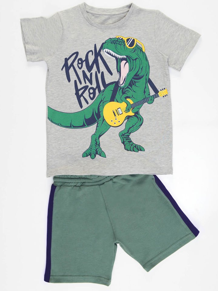 Rock Dino Erkek Çocuk T-shirt Şort Takım 2 Y - Gri Yeşil