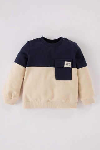Erkek Bebek Bisiklet Yaka Renk Bloklu İçi Yumuşak Tüylü Sweatshirt