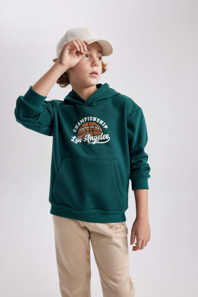 Erkek Çocuk Baskılı Kanguru Cepli Kapüşonlu Sweatshirt