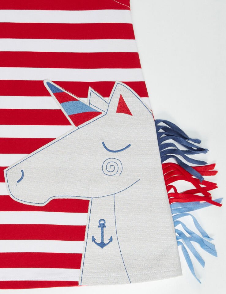 Kırmızı Beyaz Çizgili Unicorn Kız Çocuk Elbise 4 Y - Kırmızı Beyaz Mavi