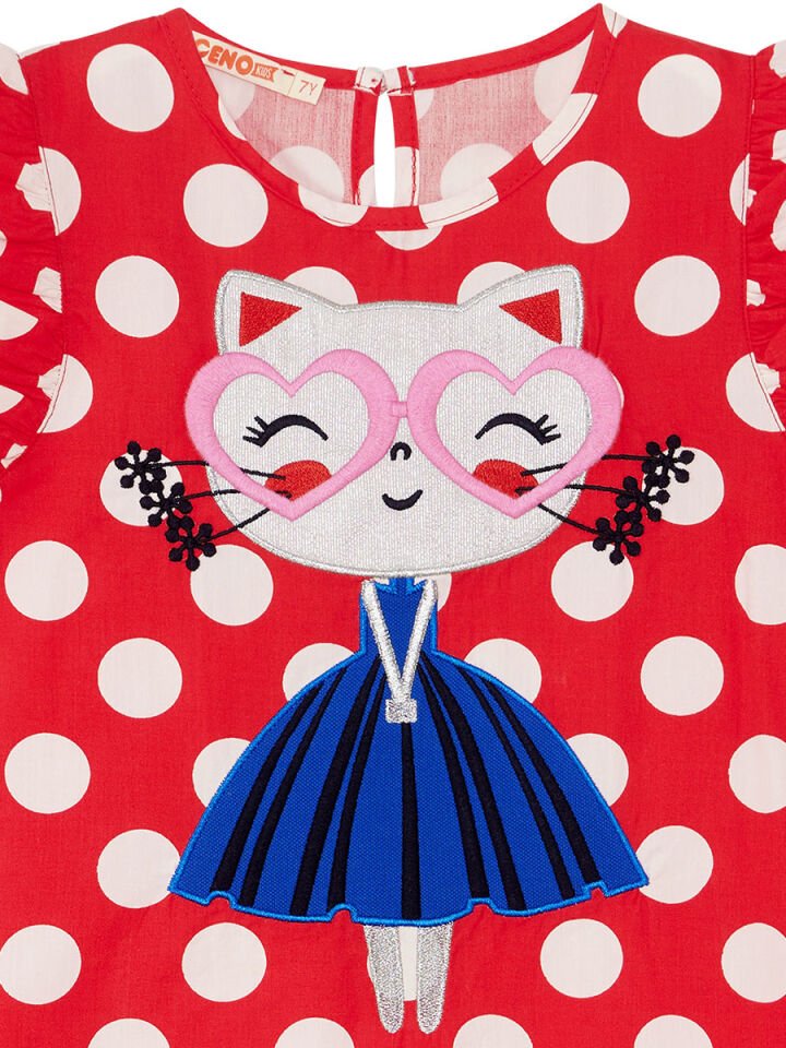 Puantiye Kedicik Kız Çocuk Poplin Elbise