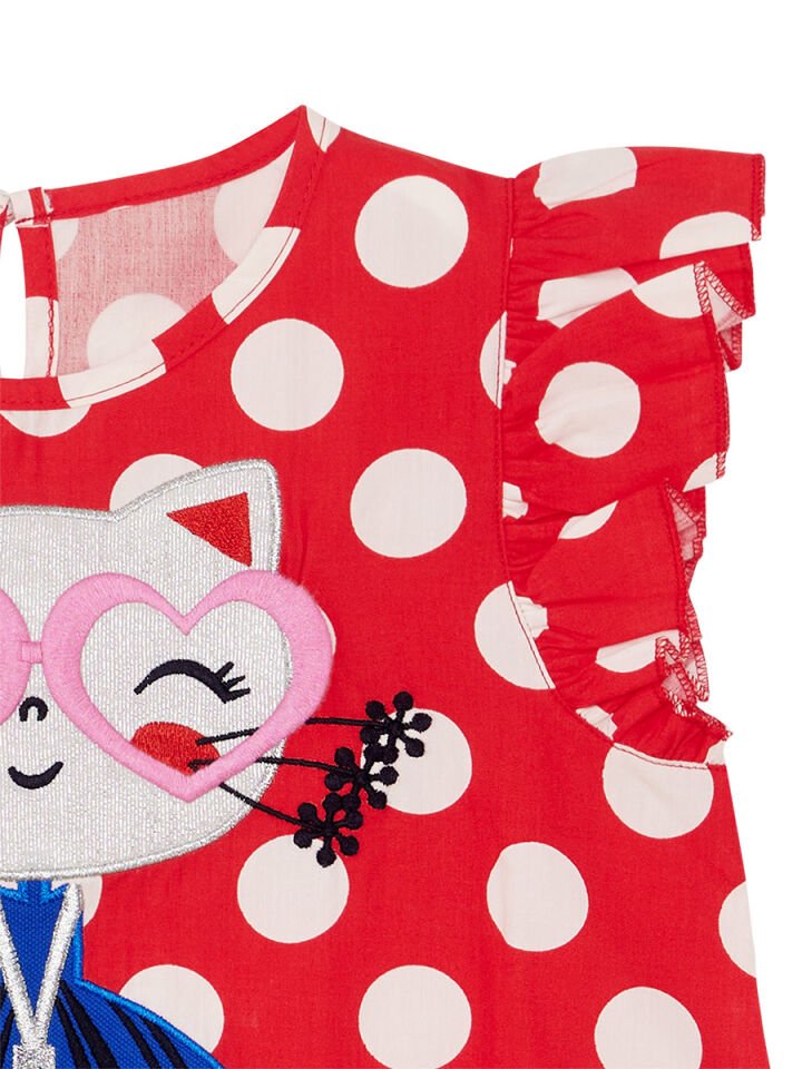 Puantiye Kedicik Kız Çocuk Poplin Elbise