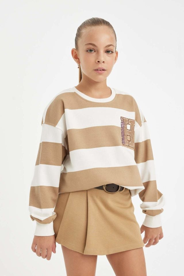 Kız Çocuk Relax Fit Bisiklet Yaka Nakışlı Sweatshirt