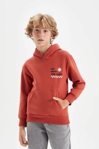 Erkek Çocuk Cepli Yazı Baskılı Kapüşonlu Kalın Okul Sweatshirt