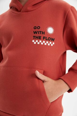 Erkek Çocuk Cepli Yazı Baskılı Kapüşonlu Kalın Okul Sweatshirt