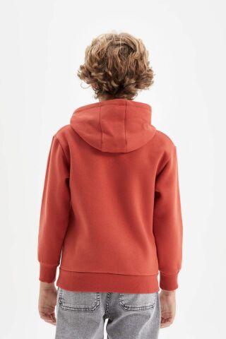 Erkek Çocuk Cepli Yazı Baskılı Kapüşonlu Kalın Okul Sweatshirt