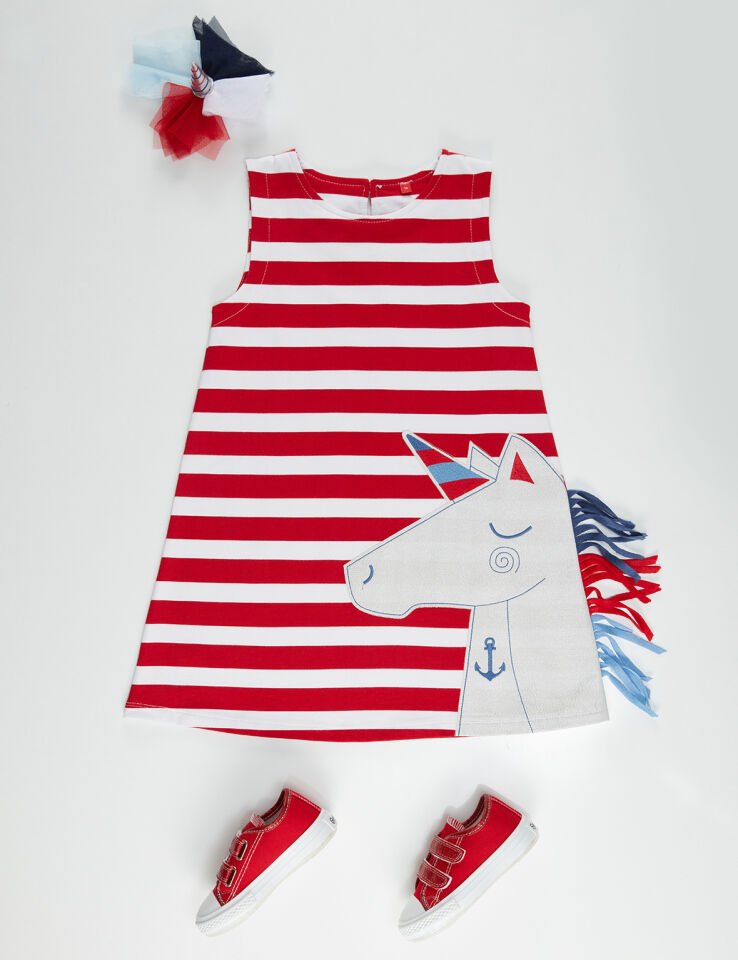 Kırmızı Beyaz Çizgili Unicorn Kız Çocuk Elbise 5 Y - Kırmızı Beyaz Mavi