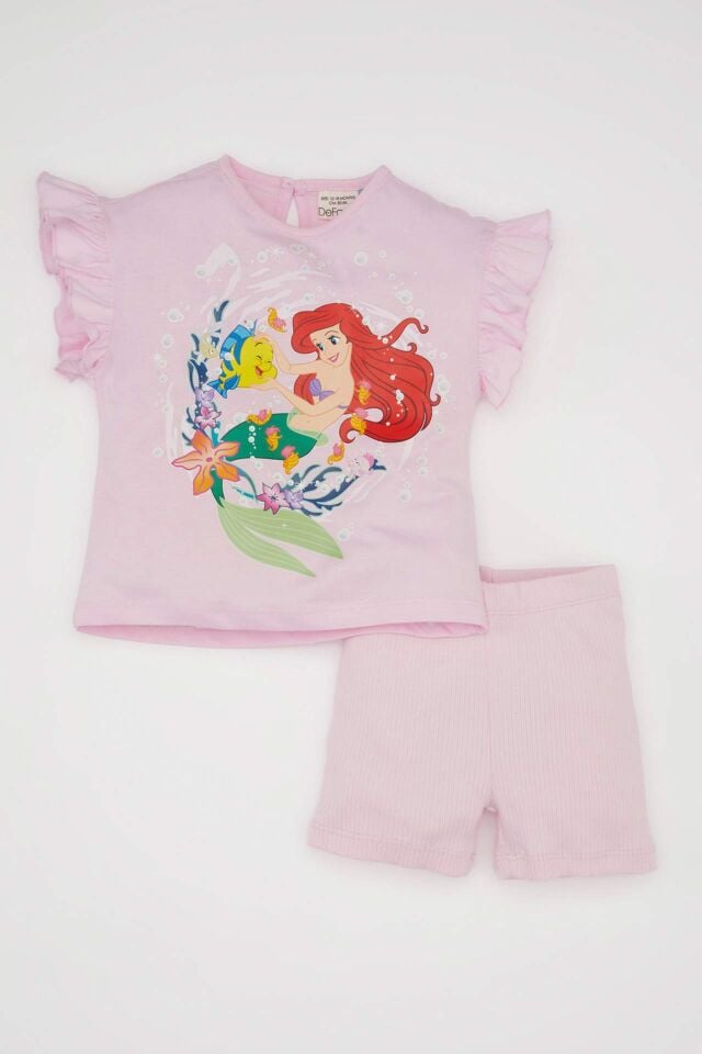 Kız Bebek 2'li Takım Disney Prenses Penye Bisiklet Yaka Kısa Kollu Tişört Şort