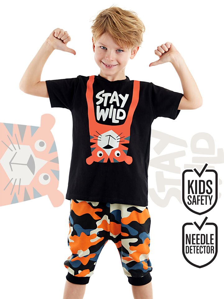 Stay Wild Erkek Çocuk T-Shirt Kapri Şort Takım 8 Y - Siyah, Turuncu