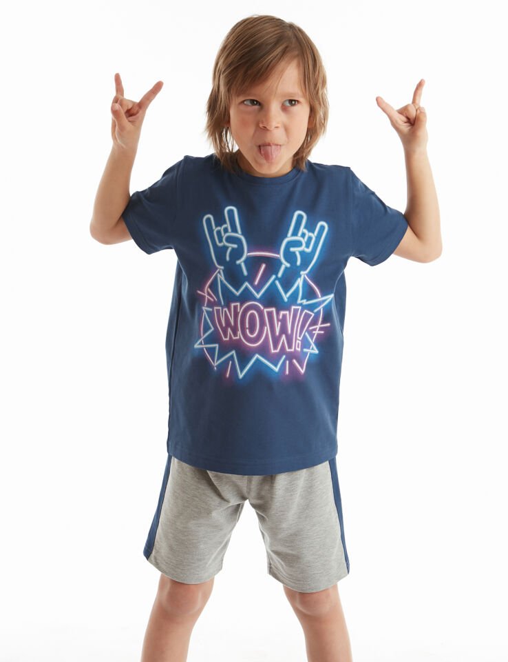 Wow Rock Erkek Çocuk T-shirt Şort Takım 3 Y - Gri Lacivert