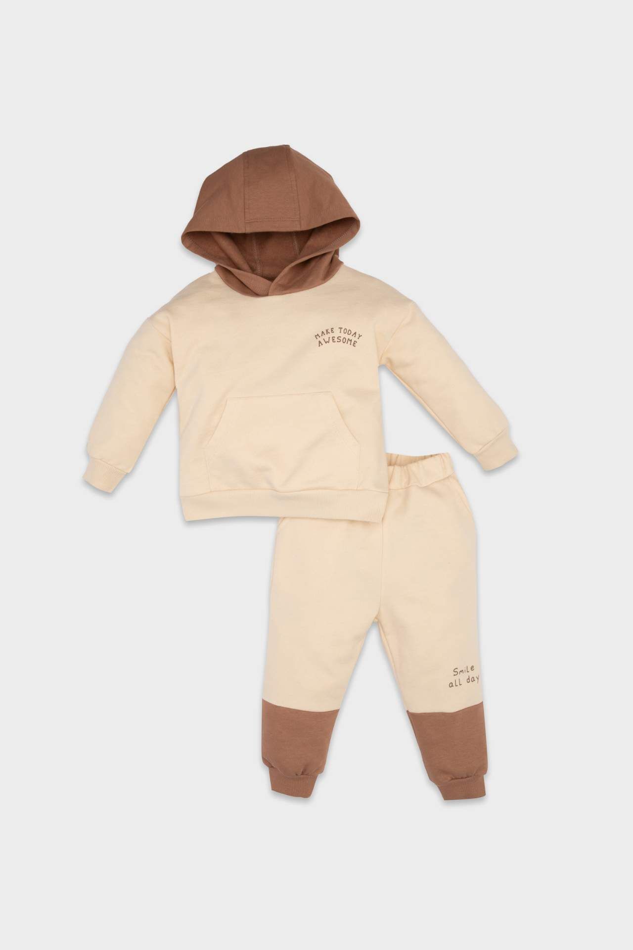 Erkek Bebek 2'li Takım Kapüşonlu Baskılı Sweatshirt Beli Lastikli Jogger Eşofman Altı