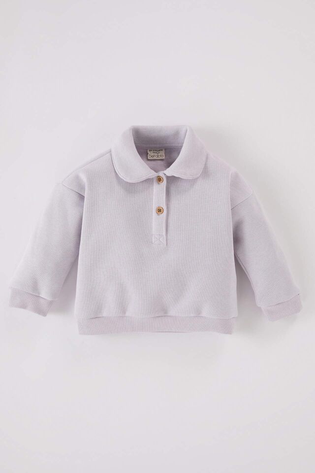 Kız Bebek Bebe Yaka Düğmeli İçi Yumuşak Tüylü Sweatshirt