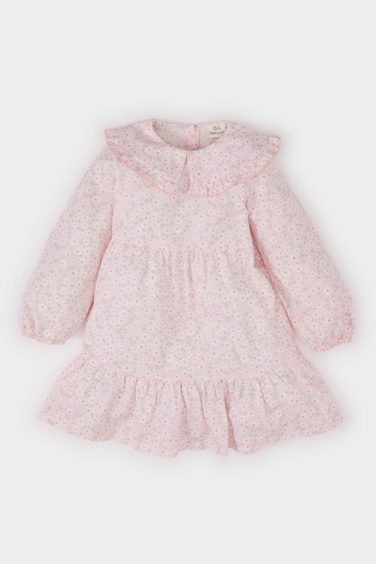 Kız Bebek Büyük Yaka Çiçekli Uzun Kollu Twill Elbise