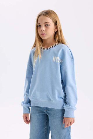 Kız Çocuk Relax Fit V Yaka Baskılı Sweatshirt
