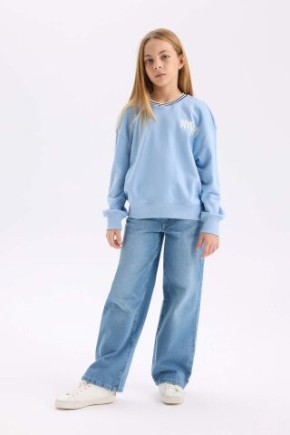 Kız Çocuk Relax Fit V Yaka Baskılı Sweatshirt