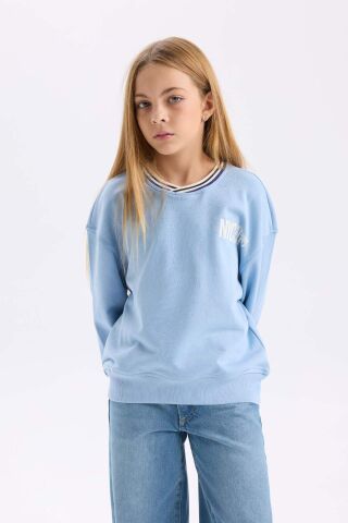 Kız Çocuk Relax Fit V Yaka Baskılı Sweatshirt