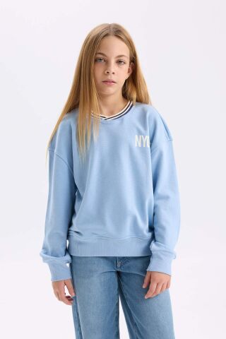 Kız Çocuk Relax Fit V Yaka Baskılı Sweatshirt