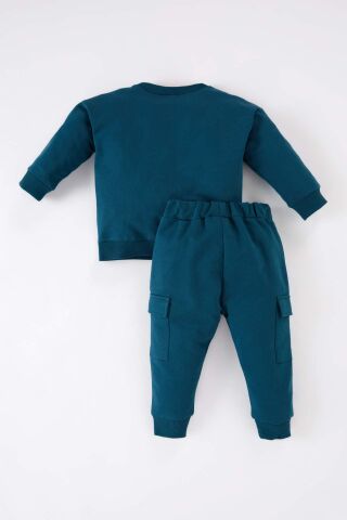 Erkek Bebek 2'li Takım Bisiklet Yaka Baskılı Sweatshirt Beli Lastikli Kargo Cepli Eşofman Altı