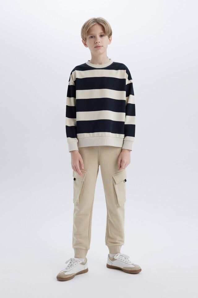 Erkek Çocuk Oversize Geniş Kalıp Bisiklet Yaka Çizgili Sweatshirt