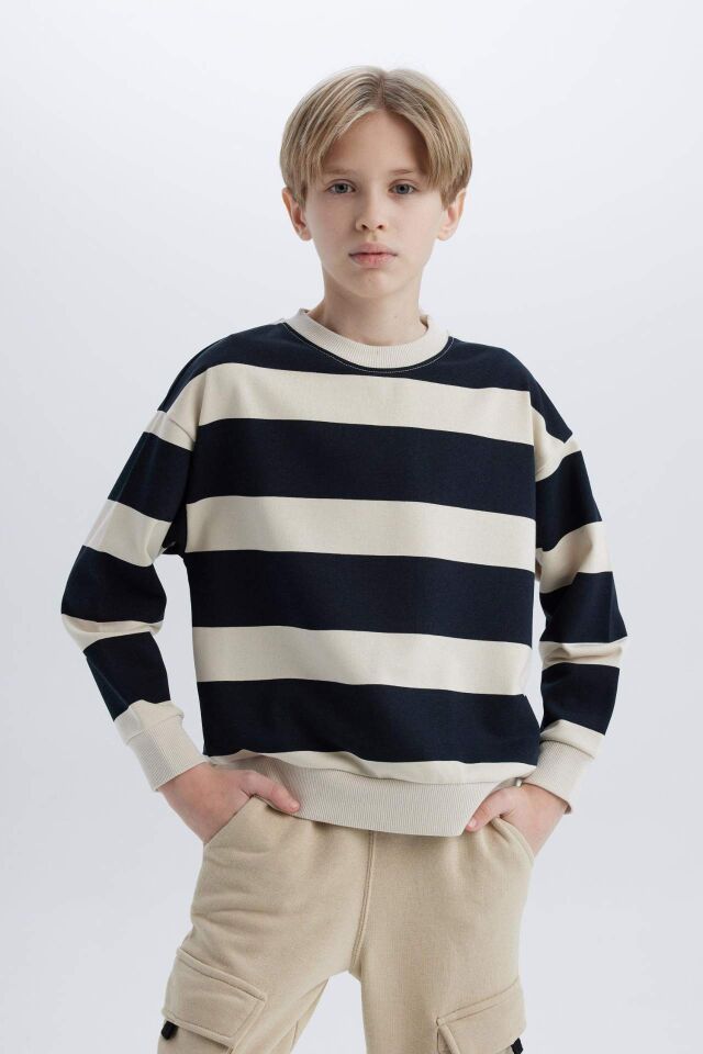 Erkek Çocuk Oversize Geniş Kalıp Bisiklet Yaka Çizgili Sweatshirt