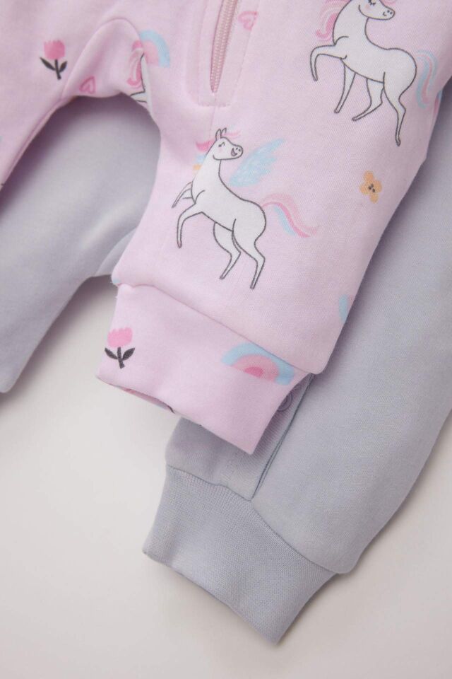 Kız Bebek Yenidoğan Unicorn Baskılı 2'li Uzun Kollu Tulum