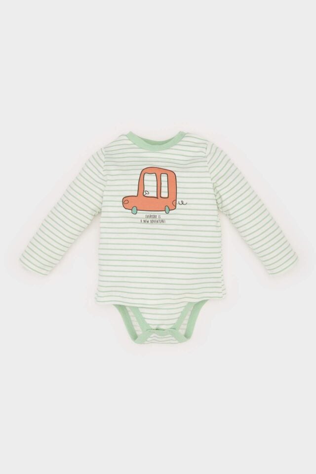 Erkek Bebek Yenidoğan Bisiklet Yaka Araç Baskılı Uzun Kollu Çıtçıtlı Body