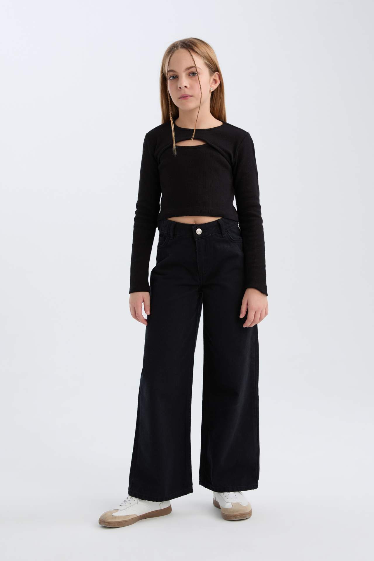 Kız Çocuk Wide Leg Geniş Bol Paça Pamuklu Cepli Siyah Pantolon