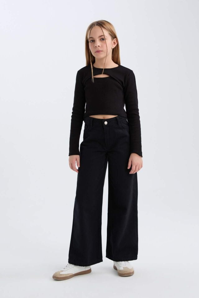 Kız Çocuk Wide Leg Geniş Bol Paça Pamuklu Cepli Siyah Pantolon