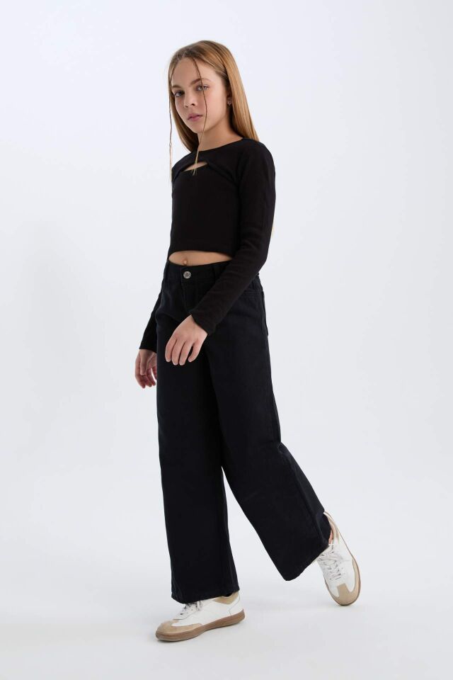 Kız Çocuk Wide Leg Geniş Bol Paça Pamuklu Cepli Siyah Pantolon