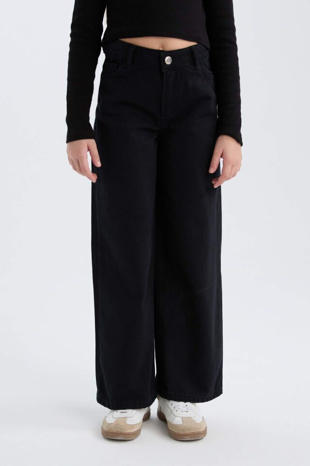 Kız Çocuk Wide Leg Geniş Bol Paça Pamuklu Cepli Siyah Pantolon