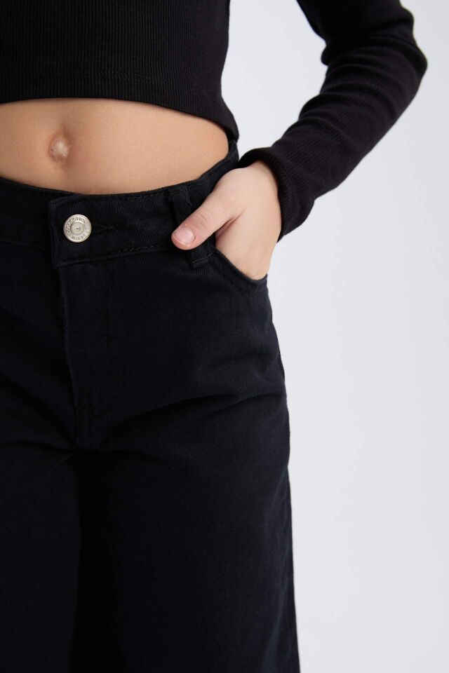 Kız Çocuk Wide Leg Geniş Bol Paça Pamuklu Cepli Siyah Pantolon