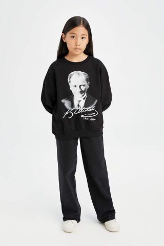 Kız Çocuk Oversize Geniş Kalıp Bisiklet Yaka Atatürk Baskılı Sweatshirt