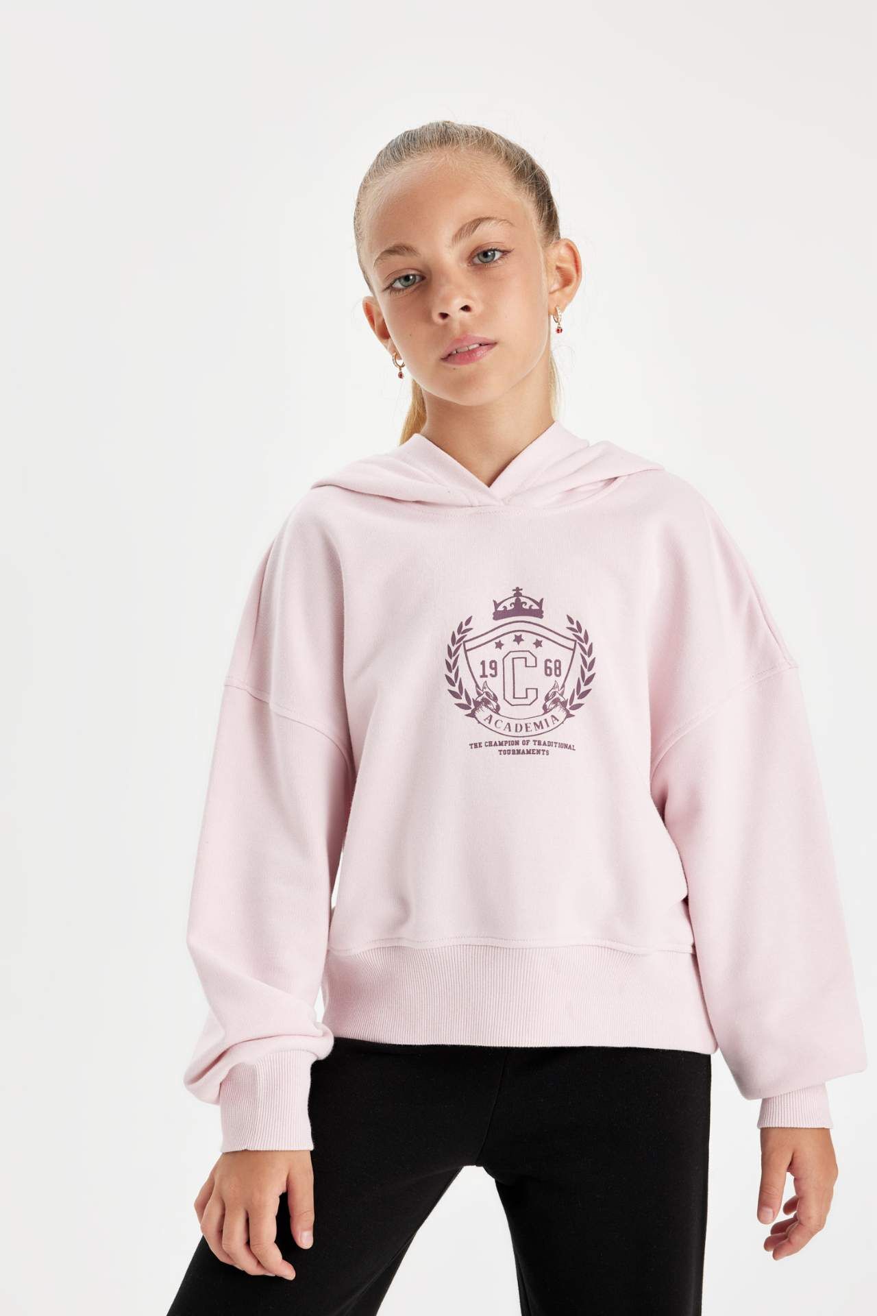 Kız Çocuk Oversize Geniş Kalıp Kapüşonlu İşlemeli Kalın Sweatshirt