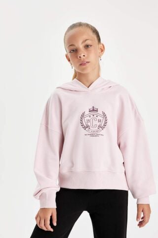 Kız Çocuk Oversize Geniş Kalıp Kapüşonlu İşlemeli Kalın Sweatshirt