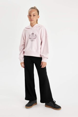 Kız Çocuk Oversize Geniş Kalıp Kapüşonlu İşlemeli Kalın Sweatshirt