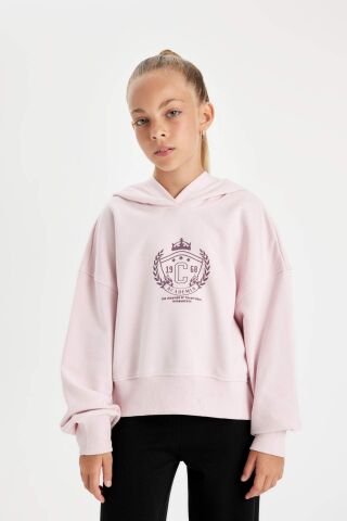 Kız Çocuk Oversize Geniş Kalıp Kapüşonlu İşlemeli Kalın Sweatshirt