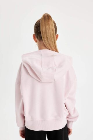 Kız Çocuk Oversize Geniş Kalıp Kapüşonlu İşlemeli Kalın Sweatshirt