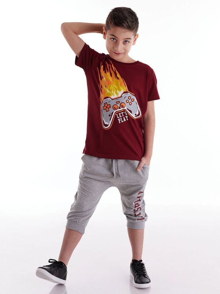 Play Game Erkek Çocuk T-shirt Kapri Şort Takım 3 Y - Bordo, Gri