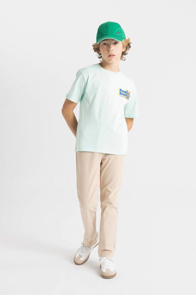Erkek Çocuk Düz Paça Beli Lastikli Cepli Bej Basic Düz Gabardin Okul Pantolonu