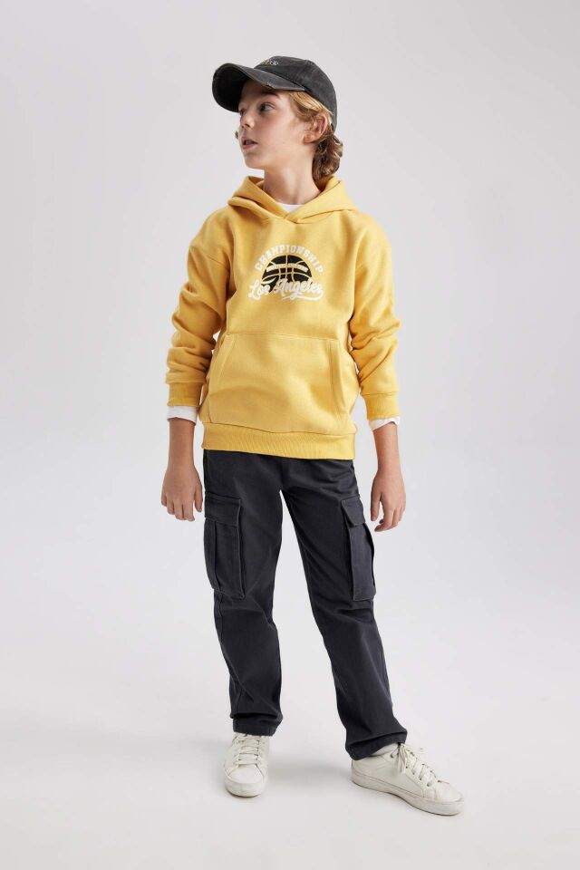 Erkek Çocuk Baskılı Kanguru Cepli Kapüşonlu Sweatshirt