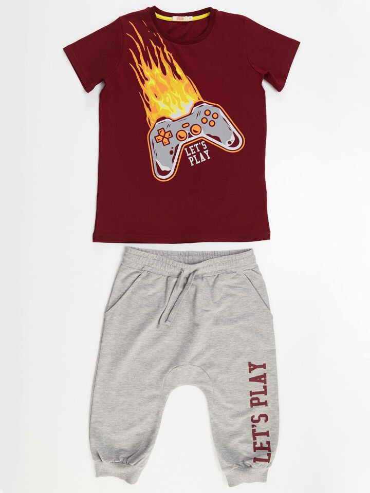 Play Game Erkek Çocuk T-shirt Kapri Şort Takım 5 Y - Bordo, Gri