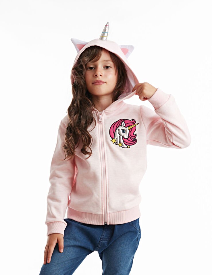 Unicorn Kapişonlu Kız Çocuk Sweatshirt 3 Y - Pembe,Gri,Beyaz