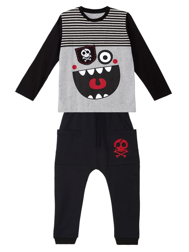 Çizgili Korsan Erkek Çocuk T-shirt Pantolon Takım 7 Y - Gri, Siyah