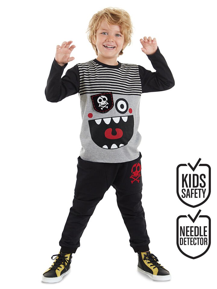 Çizgili Korsan Erkek Çocuk T-shirt Pantolon Takım 8 Y - Gri, Siyah
