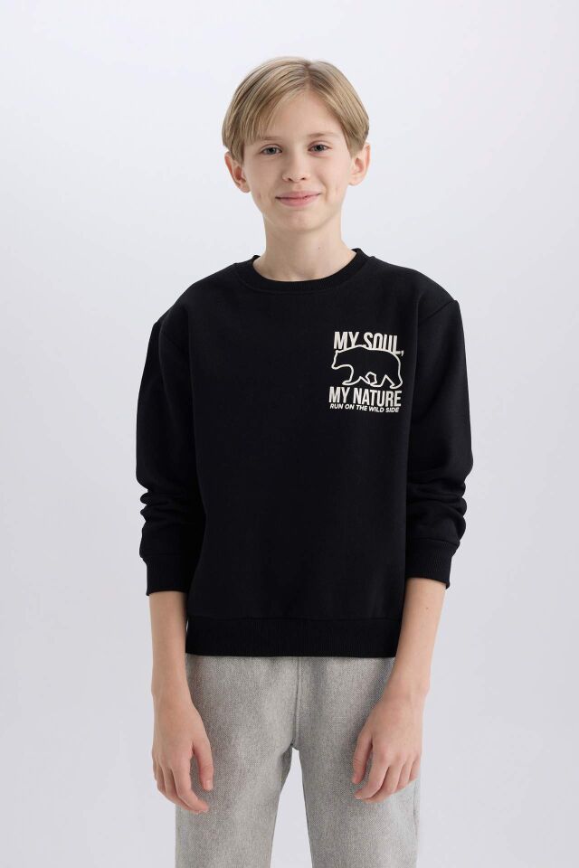 Erkek Çocuk Bisiklet Yaka Sırt Baskılı İçi Yumuşak Tüylü Sweatshirt