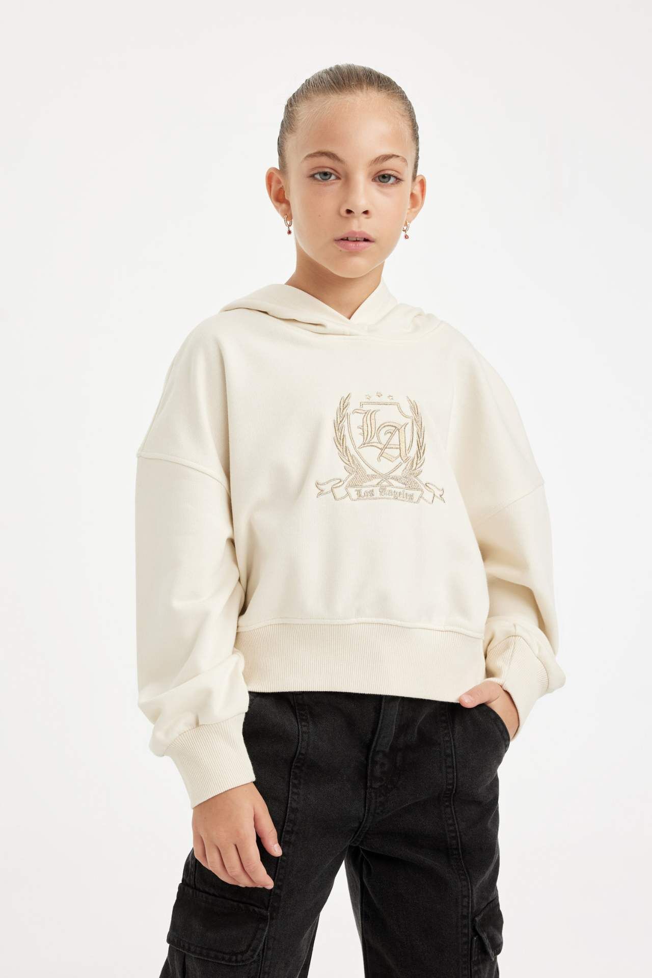 Kız Çocuk Ekru Oversize Geniş Kalıp Kapüşonlu İşlemeli Kalın Sweatshirt