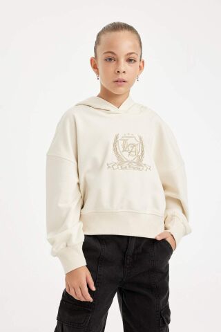 Kız Çocuk Ekru Oversize Geniş Kalıp Kapüşonlu İşlemeli Kalın Sweatshirt